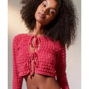 Urban Outfitters UO Sylvie Bubble Knit Hot Pink Tie-Front Top Small